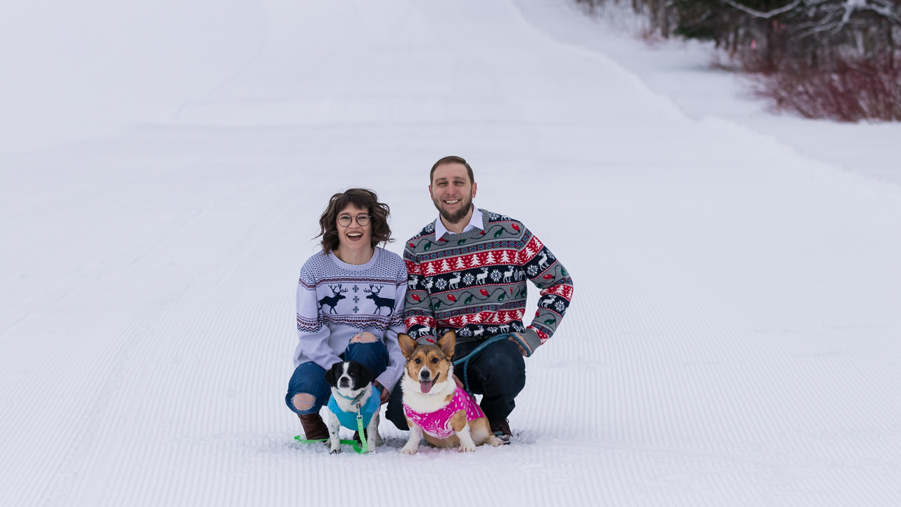 Winter engagement photos snowy couples photography husband and wite pets mouse island creatives